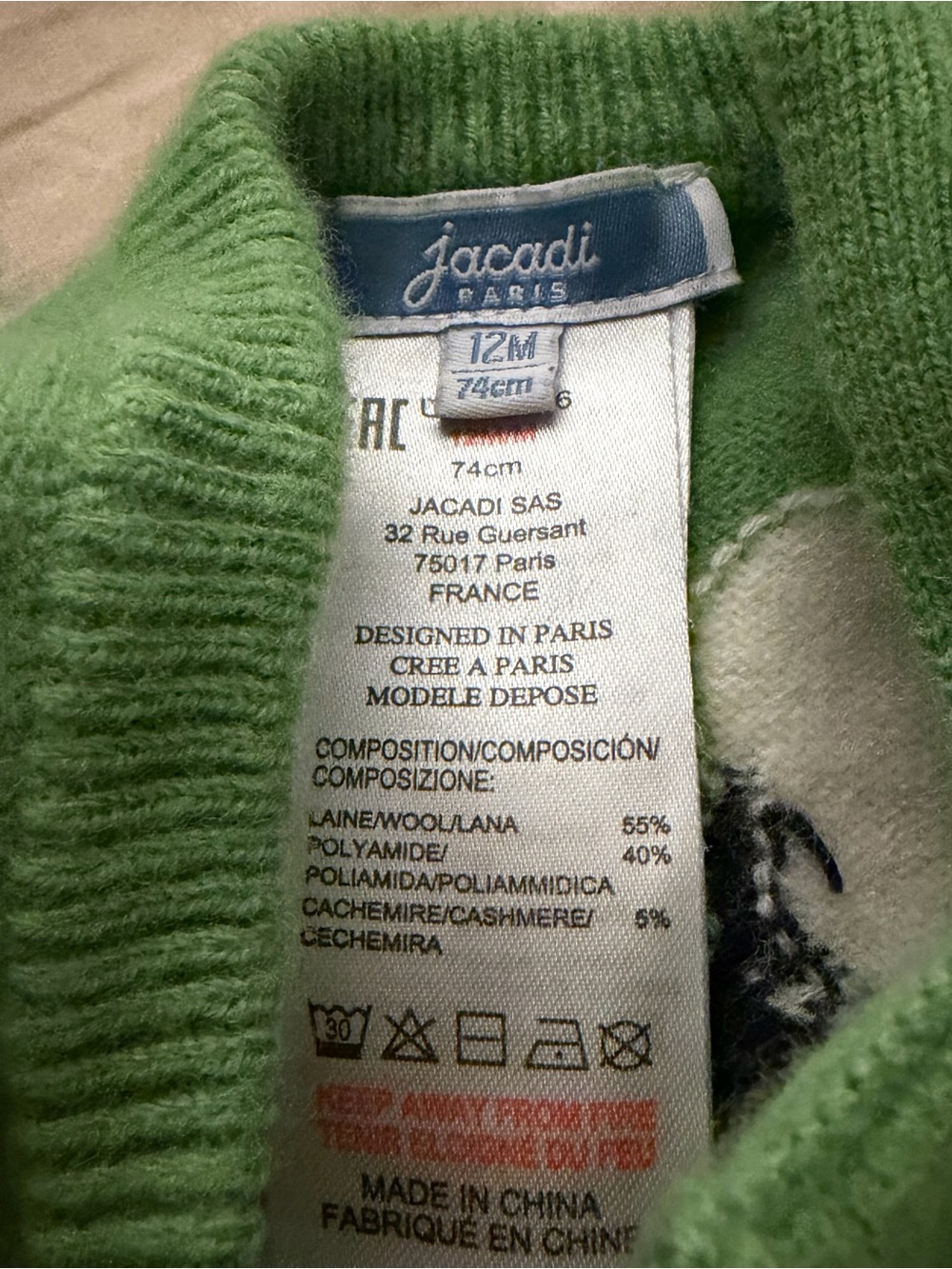 Jacadi | Green Wool Crewneck Baby Sweater - Picture 4 of 5